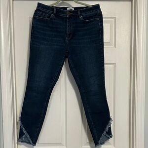 LOFT Dark Indigo Cropped Ankle Jeans with Frayed V-Hem